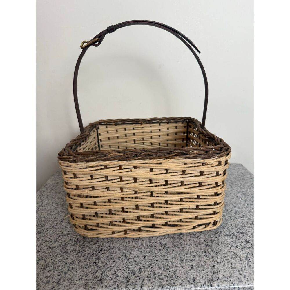 Vintage Square Woven Rattan Basket with Leather Handle & Brass Buckle – 9”